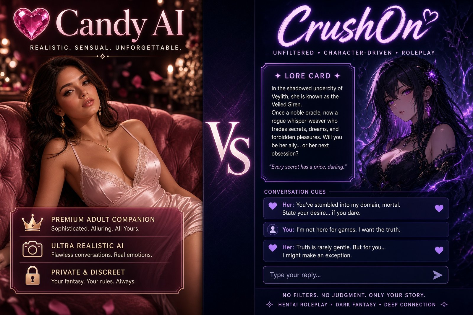 Candy AI and CrushOn AI split-screen comparison artwork