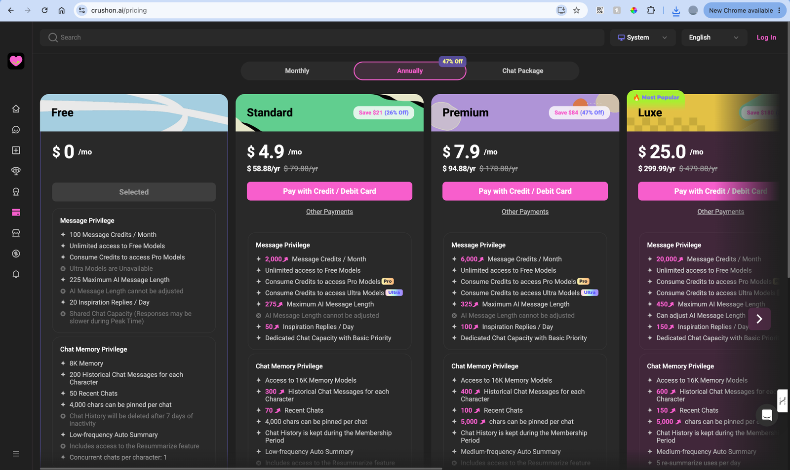 CrushOn AI annual Standard Premium and Luxe prices in U.S. dollars