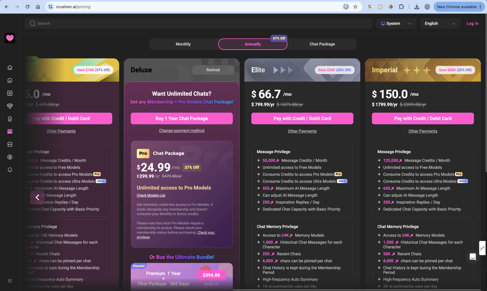 CrushOn AI Pro Chat Package Elite and Imperial prices in U.S. dollars