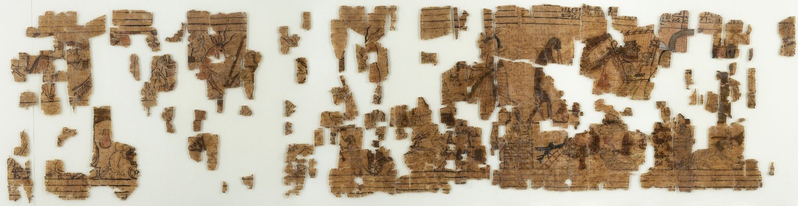Ancient Egyptian papyrus fragments showing animals parodying human roles.