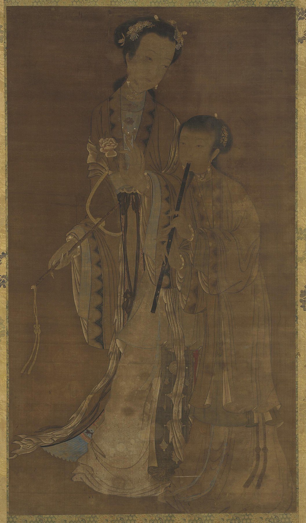 Qing-dynasty Chinese hanging scroll depicting courtesans with a fan and flute.