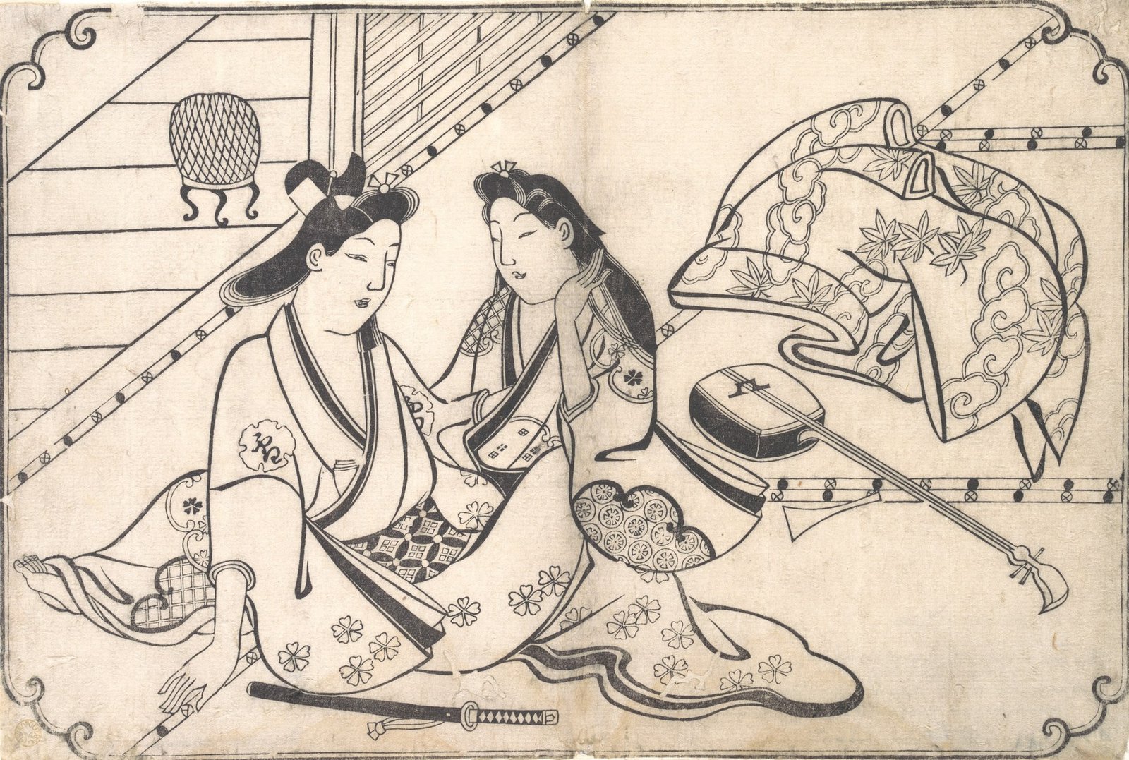 Edo-period print of two clothed adult lovers embracing.