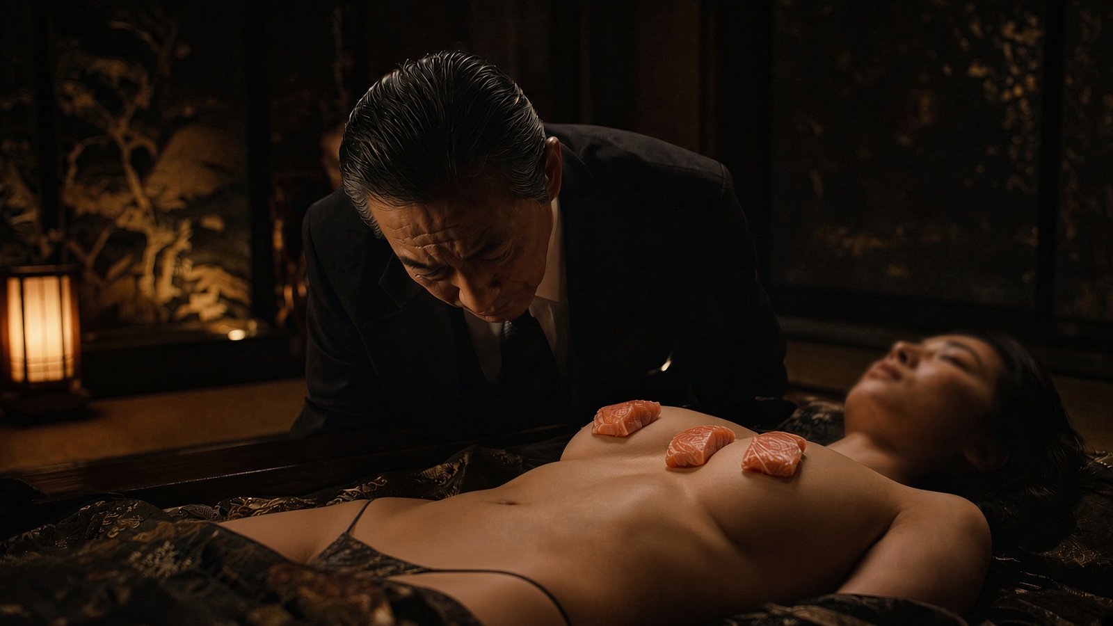 Fictional adult woman with salmon pieces placed on her torso while a suited man looks on, illustrating exaggerated food and sex marketing.