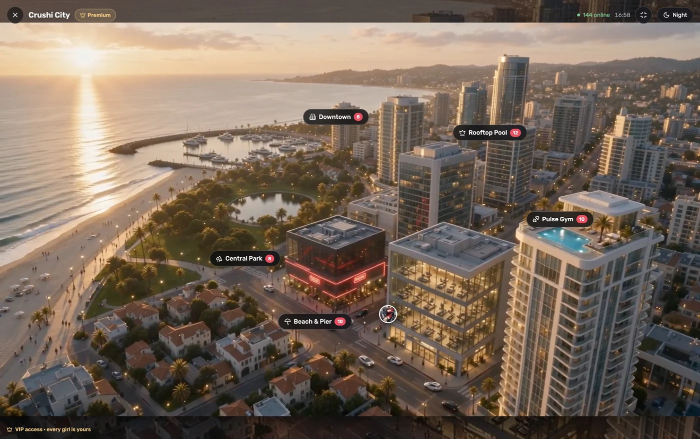 Day waterfront scene with labelled Crushi City destinations.