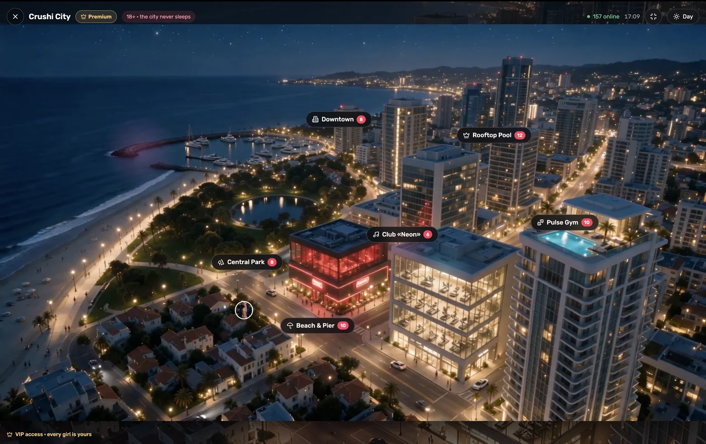 Night waterfront scene with labelled Crushi City destinations.