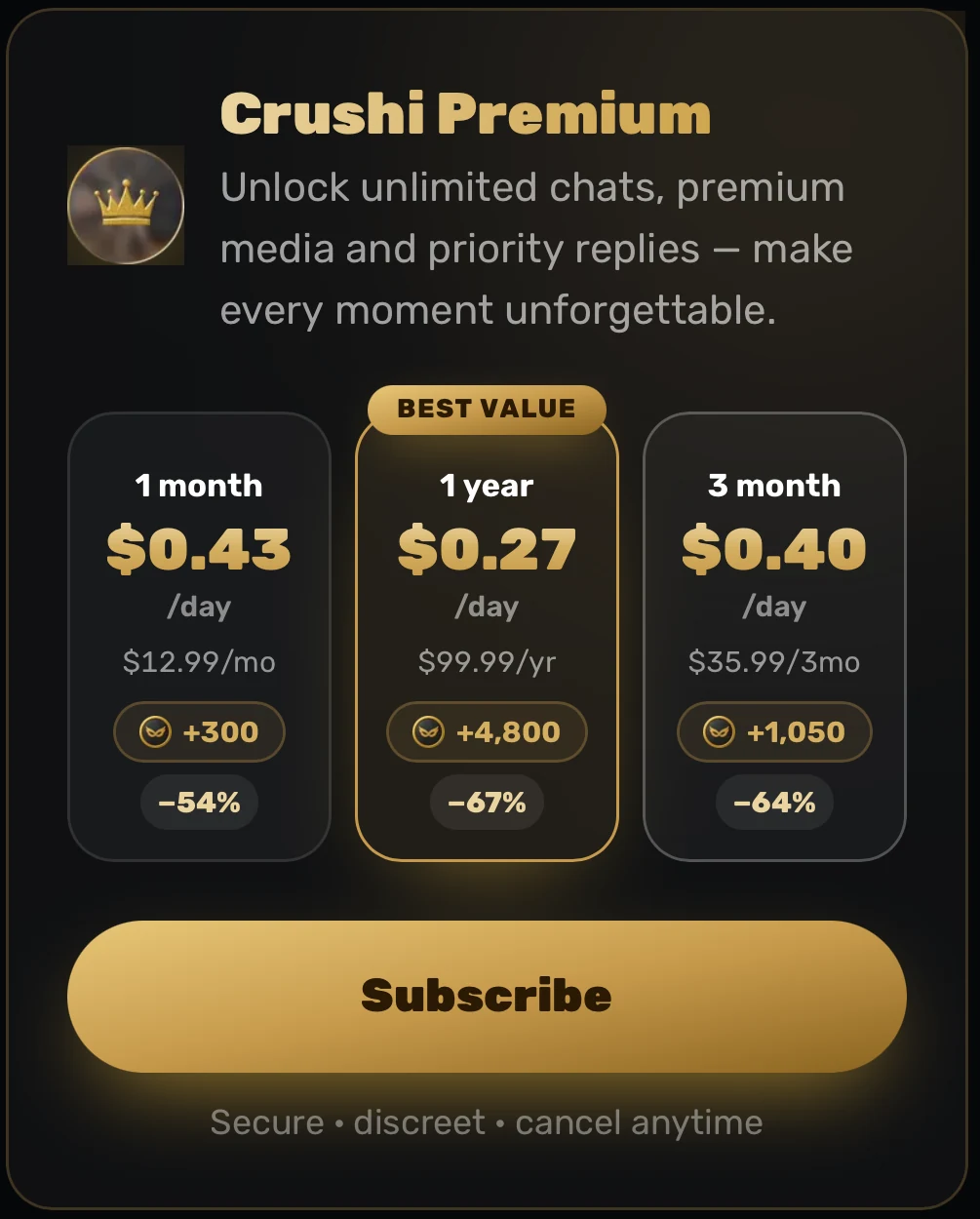 USD Premium offers: monthly 12.99 dollars, three-month 35.99 dollars and yearly 99.99 dollars, with token counts.