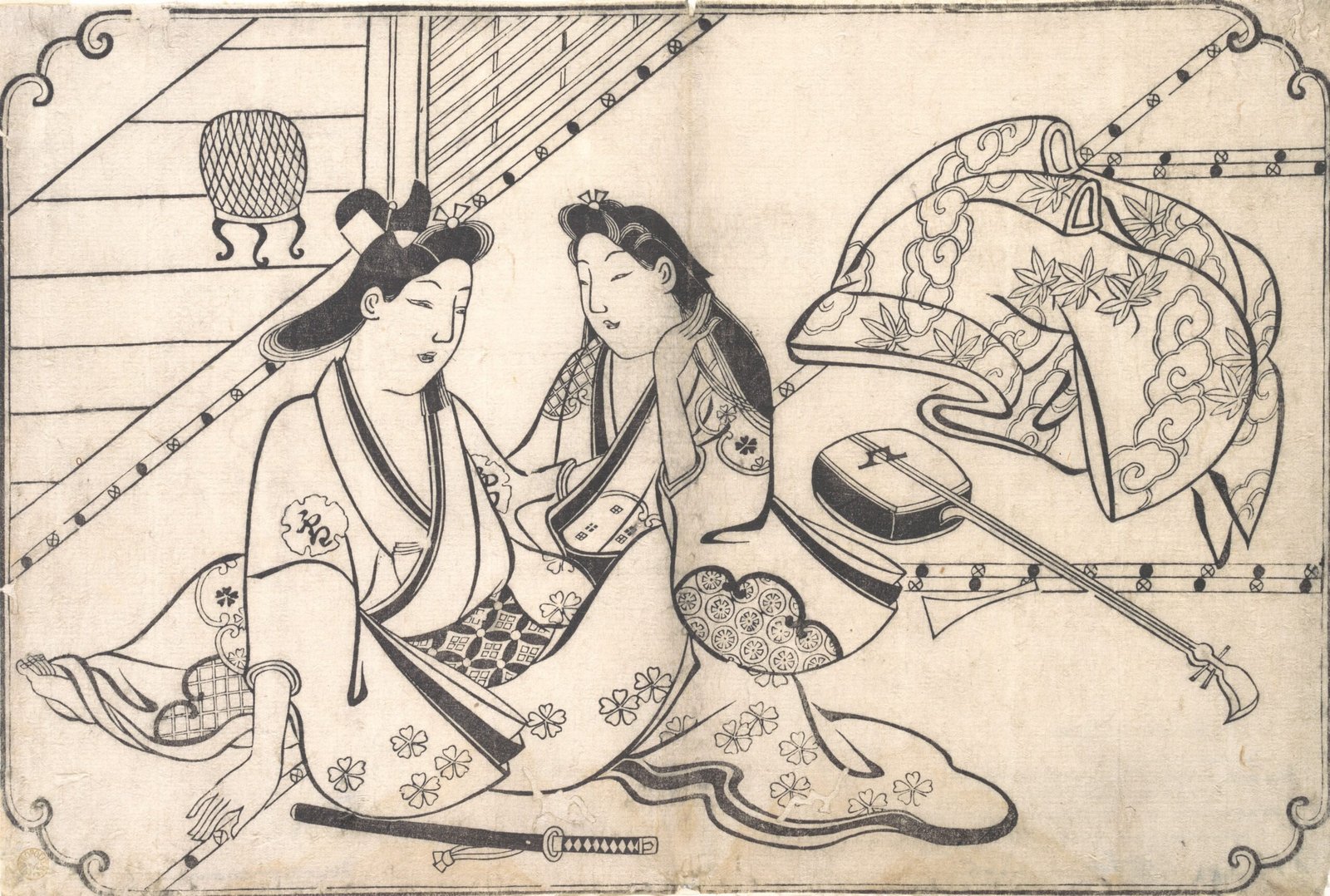 Edo-period woodblock print showing two clothed lovers seated together in a room with musical instruments and patterned textiles.