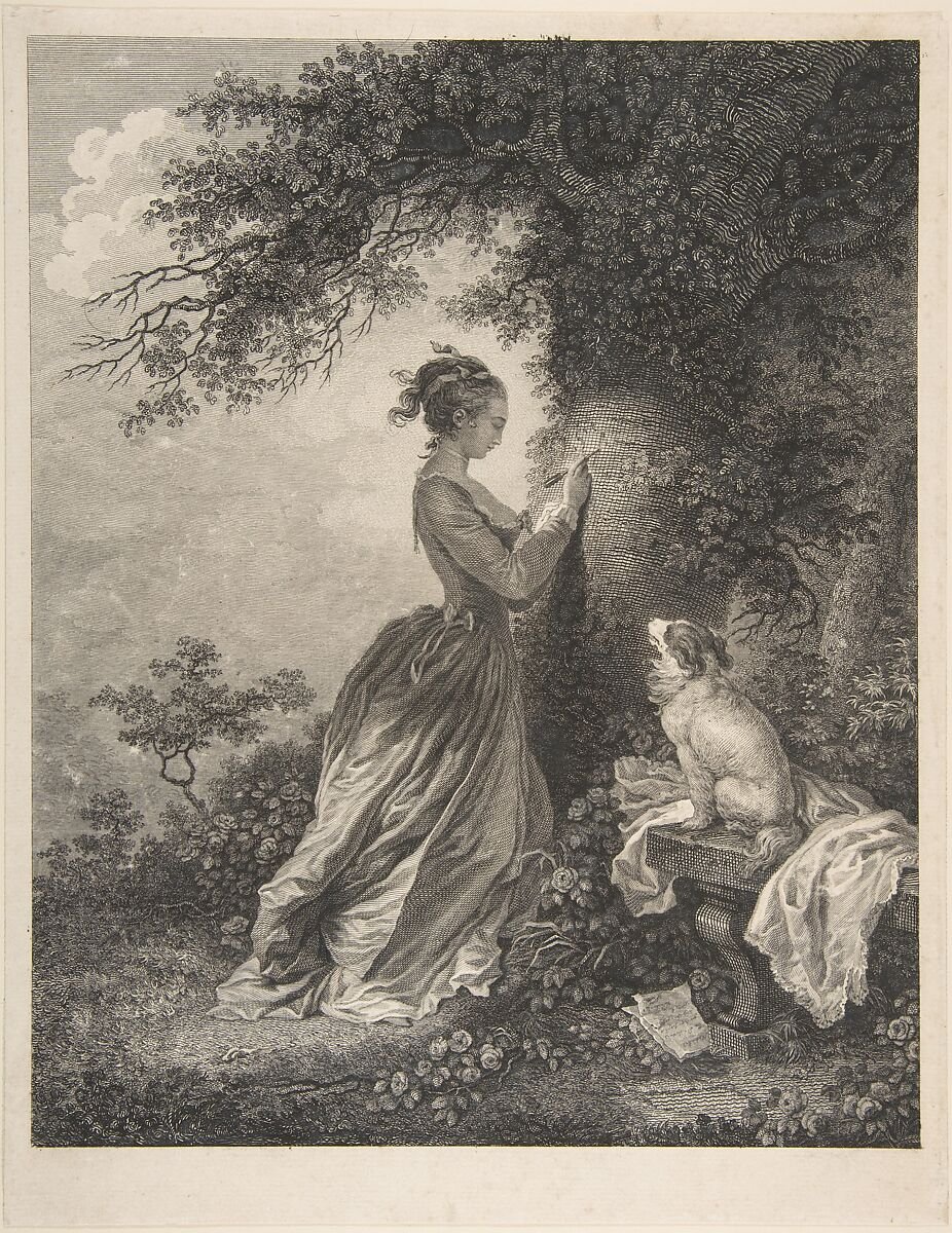 Eighteenth-century French engraving of a clothed woman marking a tree while a dog rests nearby.